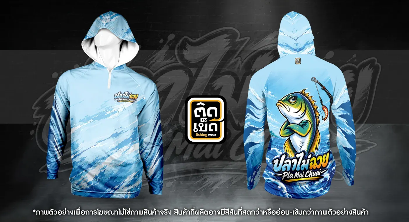 เสื้อตกปลามีฮู้ดพิมพ์ลาย ลายทีม แบบที่ 15 สั่งทำเสื้อตกปลากับติดเบ็ด