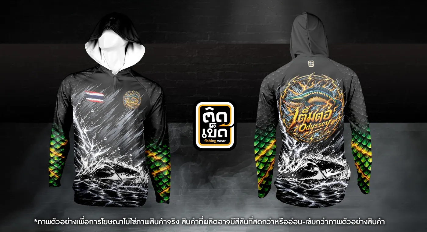เสื้อตกปลามีฮู้ดพิมพ์ลาย ลายทีม แบบที่ 16 สั่งทำเสื้อตกปลากับติดเบ็ด