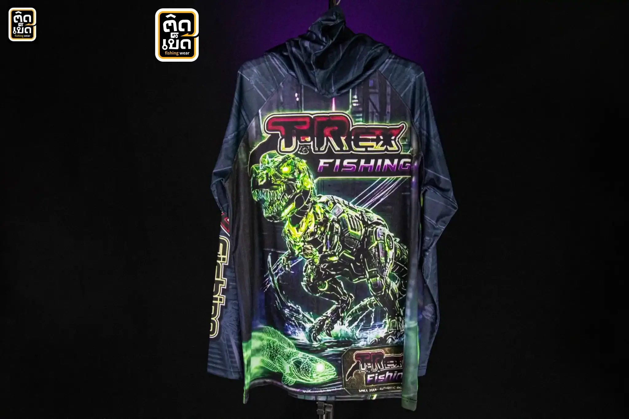 เสื้อฮู้ดตกปลาแขนยาวสีดำ ลาย T-REX FISHING ไดโนเสาร์หุ่นยนต์ ด้านหลัง