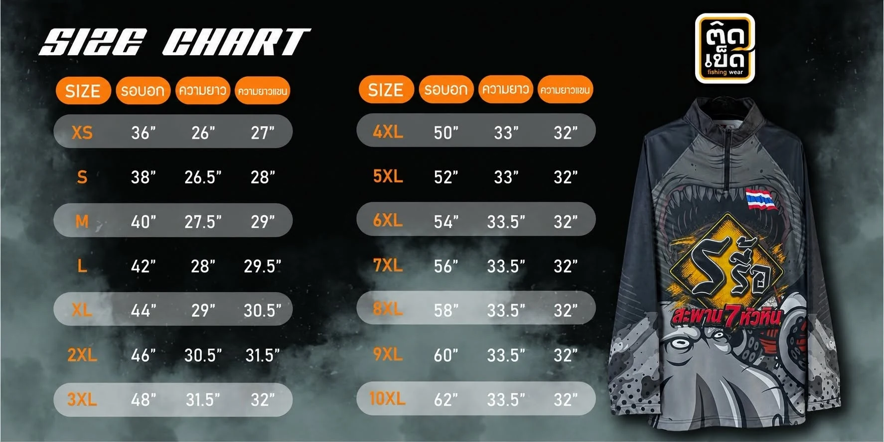 ตารางไซส์เสื้อตกปลาติดเบ็ด รอบอก ความยาว และความยาวแขน (นิ้ว) ตั้งแต่ XS รอบอก 36 ถึง 10XL รอบอก 62